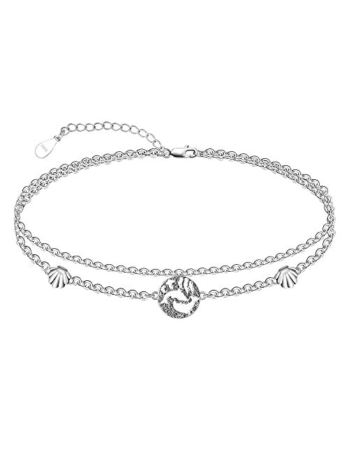 FLECHAZO 925 Sterling Silver Women Anklet Flower/Owl/Sun/Whale/Palm Tree Summer Double Anklet Dainty Adjustable Ankle Bracelet for Women Her