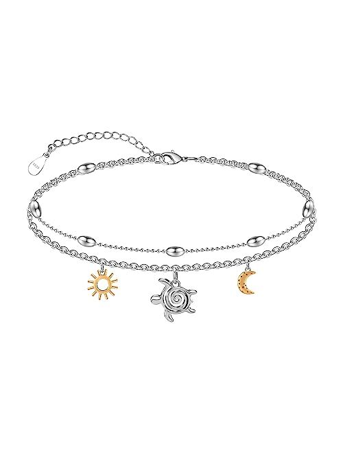 LINGBG JEWELRY Layered Anklet 925 Sterling Silver Animal Anklet for Women Butterfly Dragonfly Sea Turtle Anklet Adjustable Summer Beach Ankle Mother's Day Jewelry Gifts