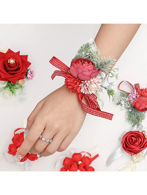 Campsis 2PCS Wedding Bride Wrist Corsage Handmade Red Rose Wrist Flower Artificial Leaves Ribbon Wrist Bracelet Bride Bridesmaid Prom Party Festival Engagement Decor Dinn