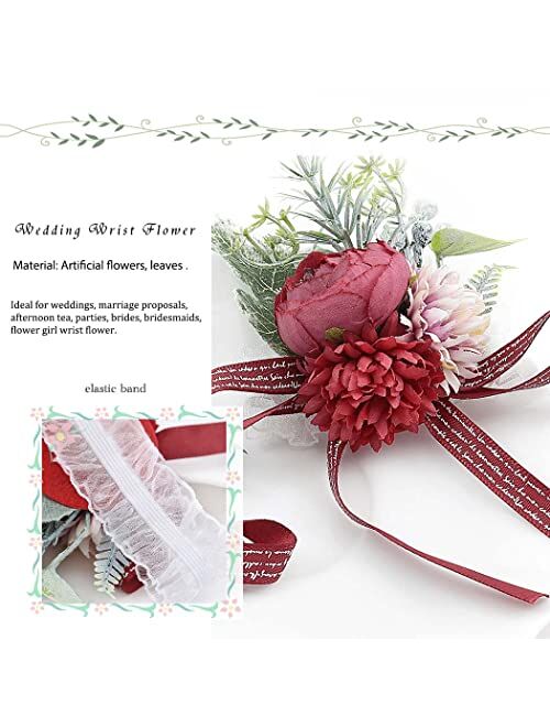 Campsis 2PCS Wedding Bride Wrist Corsage Handmade Red Rose Wrist Flower Artificial Leaves Ribbon Wrist Bracelet Bride Bridesmaid Prom Party Festival Engagement Decor Dinn