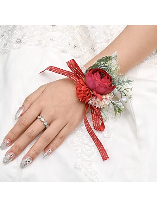 Campsis 2PCS Wedding Bride Wrist Corsage Handmade Red Rose Wrist Flower Artificial Leaves Ribbon Wrist Bracelet Bride Bridesmaid Prom Party Festival Engagement Decor Dinn