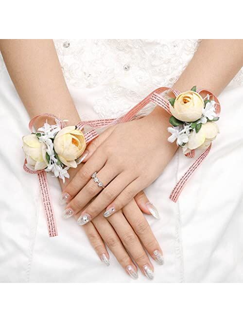 Campsis 2PCS Wedding Wrist Flower Champagne Artificial Leaves Bride Rose Wrist Corsage Handmade Ribbon Floral Wrist Bracelet Bridal Bridesmaid Festival Prom Engagement Pa