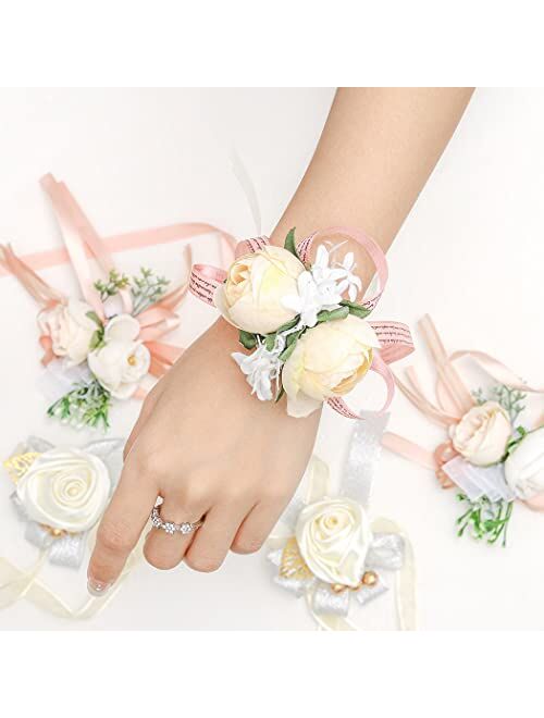 Campsis 2PCS Wedding Wrist Flower Champagne Artificial Leaves Bride Rose Wrist Corsage Handmade Ribbon Floral Wrist Bracelet Bridal Bridesmaid Festival Prom Engagement Pa