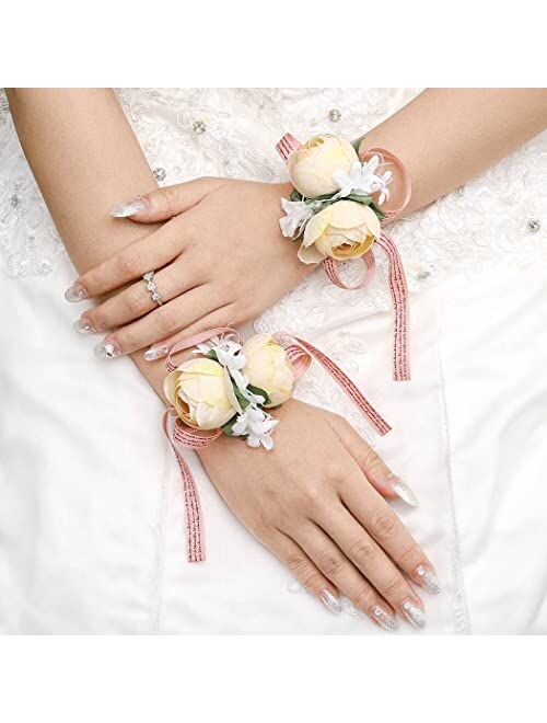 Campsis 2PCS Wedding Wrist Flower Champagne Artificial Leaves Bride Rose Wrist Corsage Handmade Ribbon Floral Wrist Bracelet Bridal Bridesmaid Festival Prom Engagement Pa