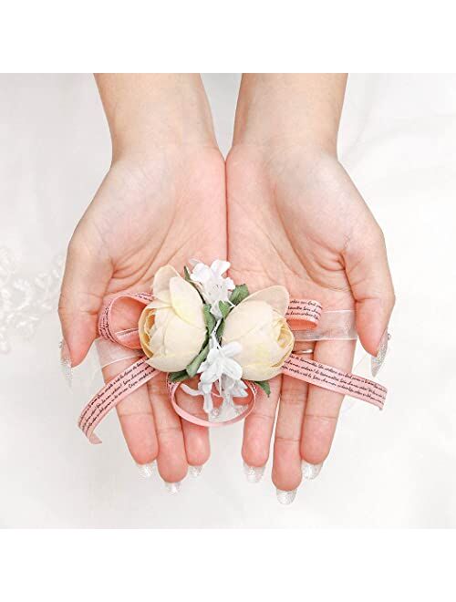 Campsis 2PCS Wedding Wrist Flower Champagne Artificial Leaves Bride Rose Wrist Corsage Handmade Ribbon Floral Wrist Bracelet Bridal Bridesmaid Festival Prom Engagement Pa