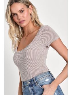 Pleasantly Charmed Taupe Ribbed Knit Scoop Neck Crop Top