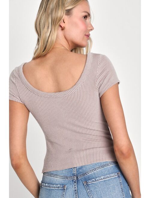 Lulus Pleasantly Charmed Taupe Ribbed Knit Scoop Neck Crop Top