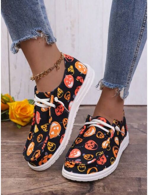 Shein Halloween Pumpkin Printed Slip-on Shoes With Laces, Women's Solid Color Casual Shoes