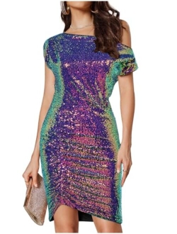 Women's Sequin Dress One Shoulder Sparkly Glitter Ruched Bodycon Party Night Out Club Dresses