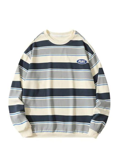 Men Striped Print Letter Patched Drop Shoulder Sweatshirt