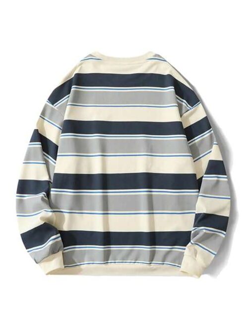 Men Striped Print Letter Patched Drop Shoulder Sweatshirt