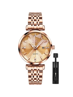 Women Watch Fashion Rose Gold Diamond Analog Quartz Female Watch for Women Luxury Dress Ladies Stainless Steel Luminous Waterproof Date Wrist Watches