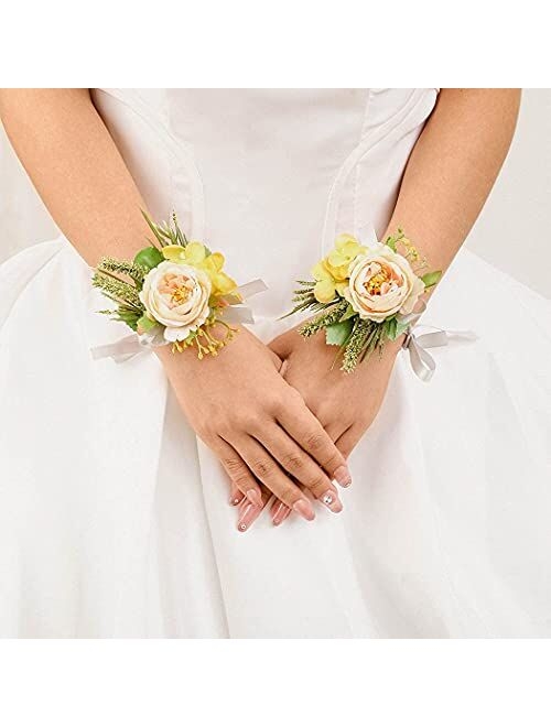 Campsis Wedding Bride Flower Wrist Corsage Champagne Ribbon Leaves Wristband Bridal Bridesmaid Hand Flower Prom Party Beach Photography 2PCS