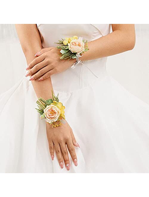 Campsis Wedding Bride Flower Wrist Corsage Champagne Ribbon Leaves Wristband Bridal Bridesmaid Hand Flower Prom Party Beach Photography 2PCS