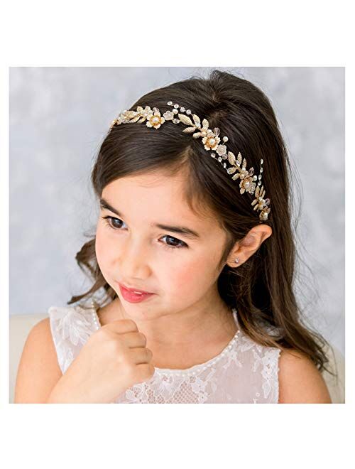 SWEETV Flower Girl Headpiece Ivory Tulle Flowers Wedding Headband for Girls, Princess Pearl Hair Accessories for Birthday Party, First Communion