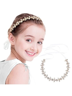 PRDGIRL Headband Wedding Flower Girls, Rhinestone Pearl Crystal Beads Fairy Gold Vine Hair Accessories for Little Girl Princess Halo Tiara