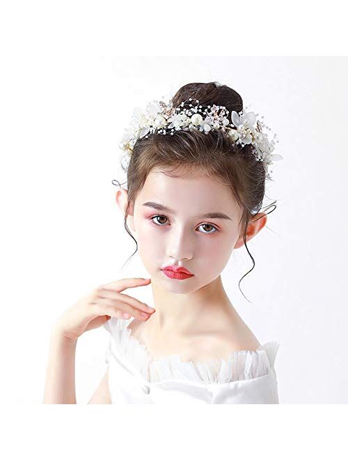 PRDGIRL Headband Wedding Flower Girls, Rhinestone Pearl Crystal Beads Fairy Gold Vine Hair Accessories for Little Girl Princess Halo Tiara