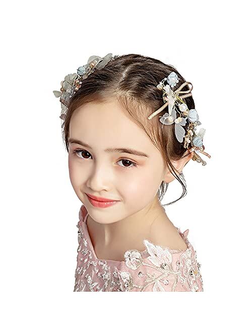 PRDGIRL Headband Wedding Flower Girls, Rhinestone Pearl Crystal Beads Fairy Gold Vine Hair Accessories for Little Girl Princess Halo Tiara