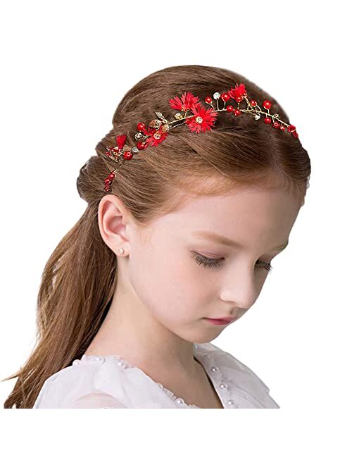 PRDGIRL Headband Wedding Flower Girls, Rhinestone Pearl Crystal Beads Fairy Gold Vine Hair Accessories for Little Girl Princess Halo Tiara