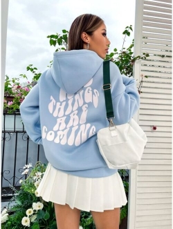 EZwear Slogan Graphic Drop Shoulder Drawstring Thermal Lined Hoodie