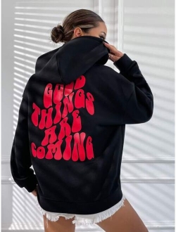 EZwear Slogan Graphic Drop Shoulder Drawstring Thermal Lined Hoodie