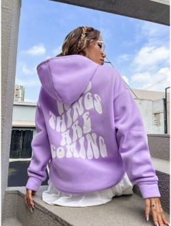 EZwear Slogan Graphic Drop Shoulder Drawstring Thermal Lined Hoodie