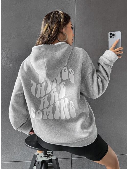 SHEIN EZwear Slogan Graphic Drop Shoulder Drawstring Thermal Lined Hoodie