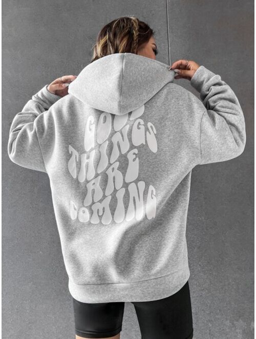 SHEIN EZwear Slogan Graphic Drop Shoulder Drawstring Thermal Lined Hoodie