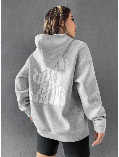 SHEIN EZwear Slogan Graphic Drop Shoulder Drawstring Thermal Lined Hoodie