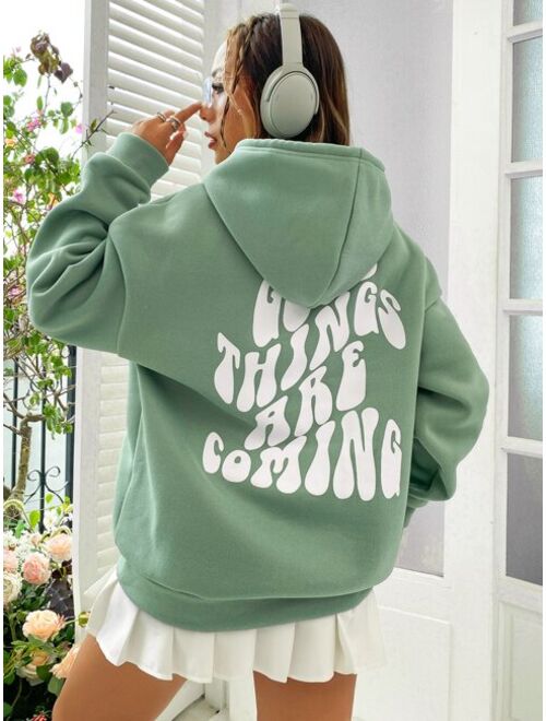 SHEIN EZwear Slogan Graphic Drop Shoulder Drawstring Thermal Lined Hoodie