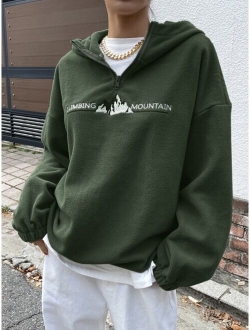 Mountain Letter Embroidery Half Zip Drop Shoulder Fleece Hoodie