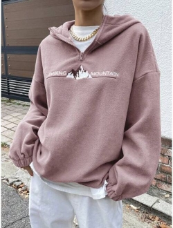 Mountain Letter Embroidery Half Zip Drop Shoulder Fleece Hoodie