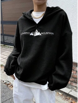 Mountain Letter Embroidery Half Zip Drop Shoulder Fleece Hoodie