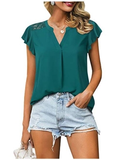 Gaharu Women's Notch V Neck Short Sleeve Chiffon Shirts Casual Lace Blouse Top