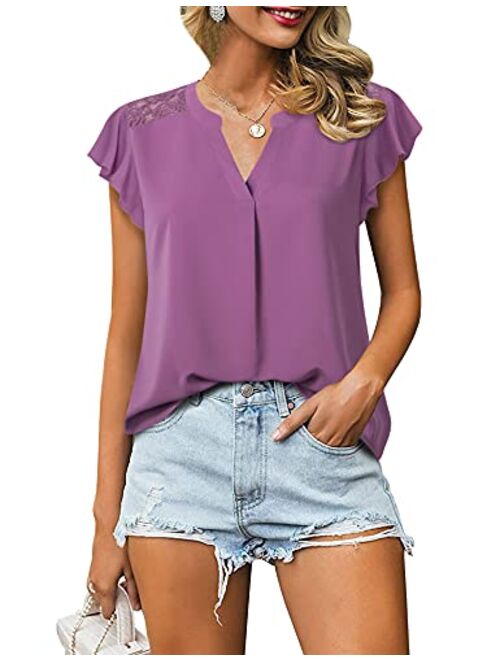 Gaharu Women's Notch V Neck Short Sleeve Chiffon Shirts Casual Lace Blouse Top