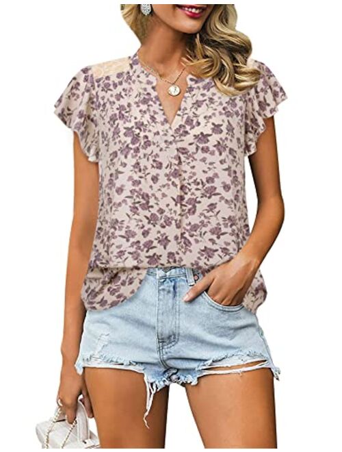 Gaharu Women's Notch V Neck Short Sleeve Chiffon Shirts Casual Lace Blouse Top