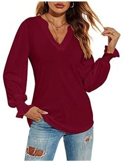 Romanstii Women's Casual V-Neck T-Shirts Loose Puff Long Sleeve Tops Tunic Blouses