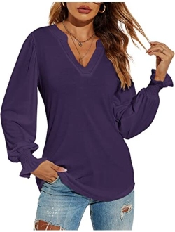 Romanstii Women's Casual V-Neck T-Shirts Loose Puff Long Sleeve Tops Tunic Blouses