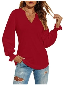 Romanstii Women's Casual V-Neck T-Shirts Loose Puff Long Sleeve Tops Tunic Blouses