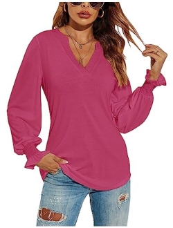 Romanstii Women's Casual V-Neck T-Shirts Loose Puff Long Sleeve Tops Tunic Blouses