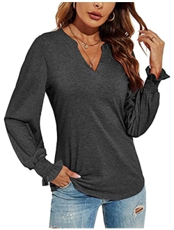 Romanstii Women's Casual V-Neck T-Shirts Loose Puff Long Sleeve Tops Tunic Blouses