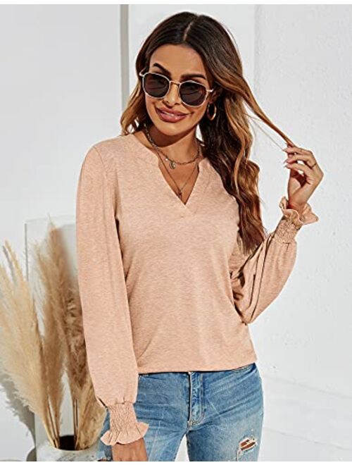 Romanstii Women's Casual V-Neck T-Shirts Loose Puff Long Sleeve Tops Tunic Blouses