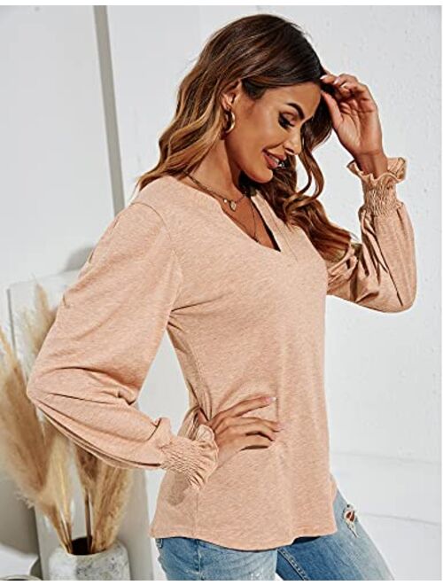 Romanstii Women's Casual V-Neck T-Shirts Loose Puff Long Sleeve Tops Tunic Blouses