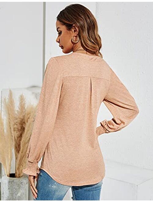 Romanstii Women's Casual V-Neck T-Shirts Loose Puff Long Sleeve Tops Tunic Blouses