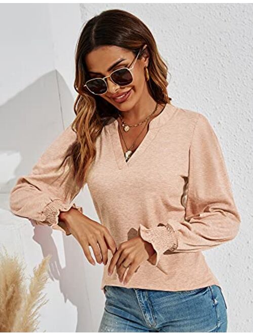 Romanstii Women's Casual V-Neck T-Shirts Loose Puff Long Sleeve Tops Tunic Blouses