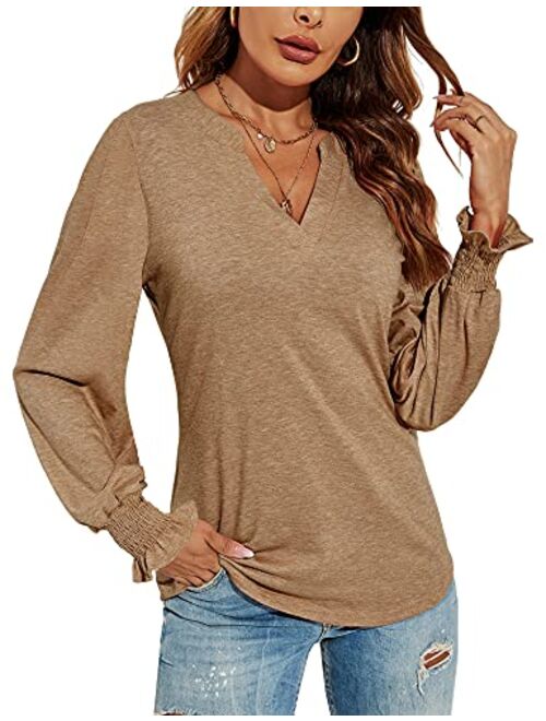 Romanstii Women's Casual V-Neck T-Shirts Loose Puff Long Sleeve Tops Tunic Blouses