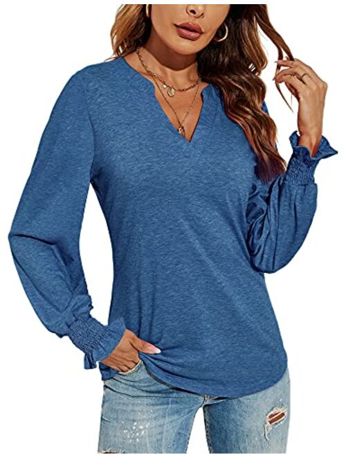 Romanstii Women's Casual V-Neck T-Shirts Loose Puff Long Sleeve Tops Tunic Blouses