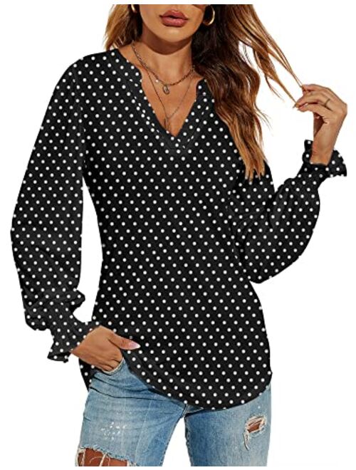 Romanstii Women's Casual V-Neck T-Shirts Loose Puff Long Sleeve Tops Tunic Blouses