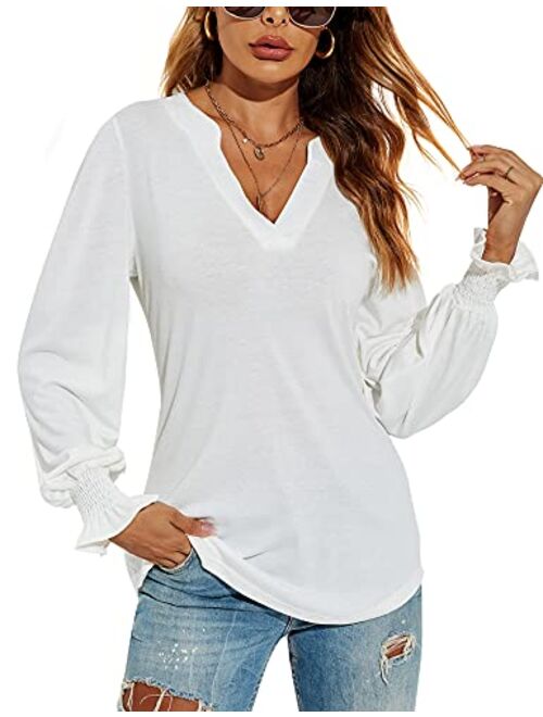 Romanstii Women's Casual V-Neck T-Shirts Loose Puff Long Sleeve Tops Tunic Blouses