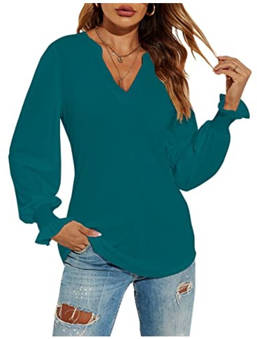 Romanstii Women's Casual V-Neck T-Shirts Loose Puff Long Sleeve Tops Tunic Blouses